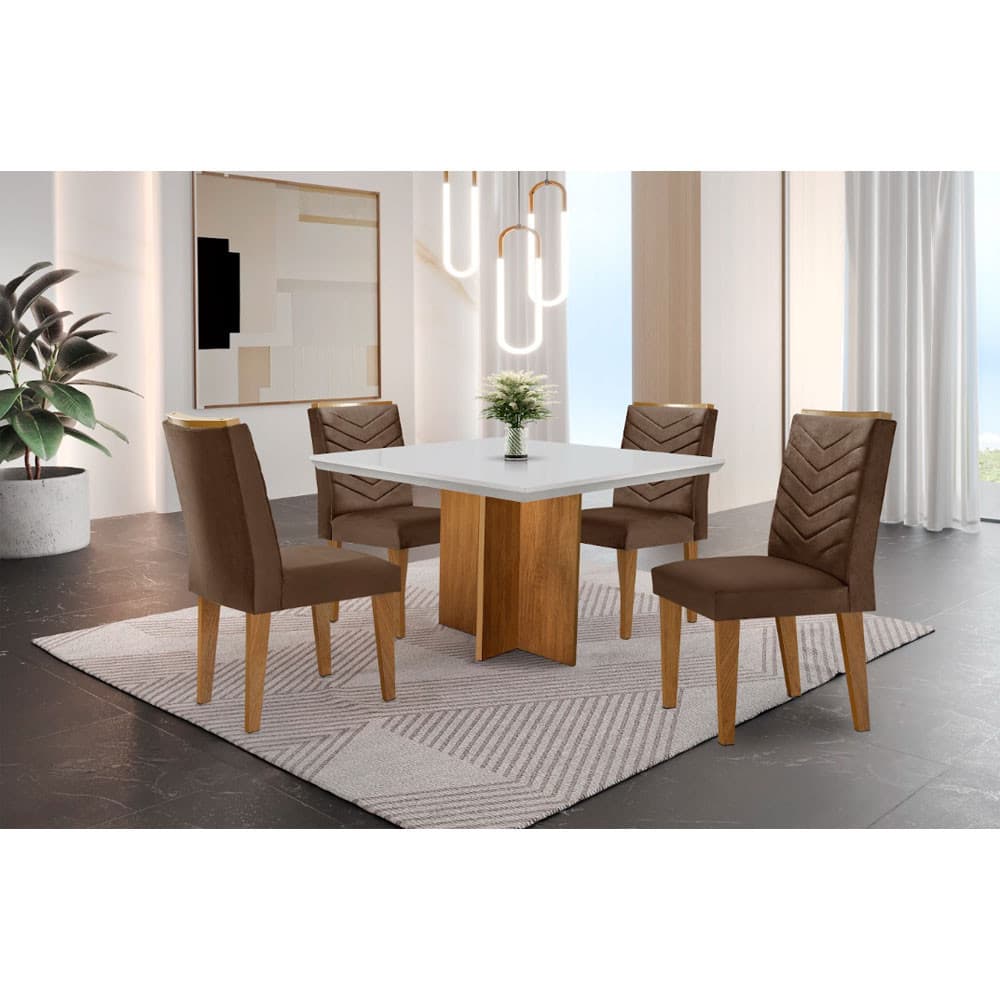 Conjunto Sala de Jantar Mesa Olímpia 90cm MDF Canto Reto e 4 Cadeiras Liz Moderna