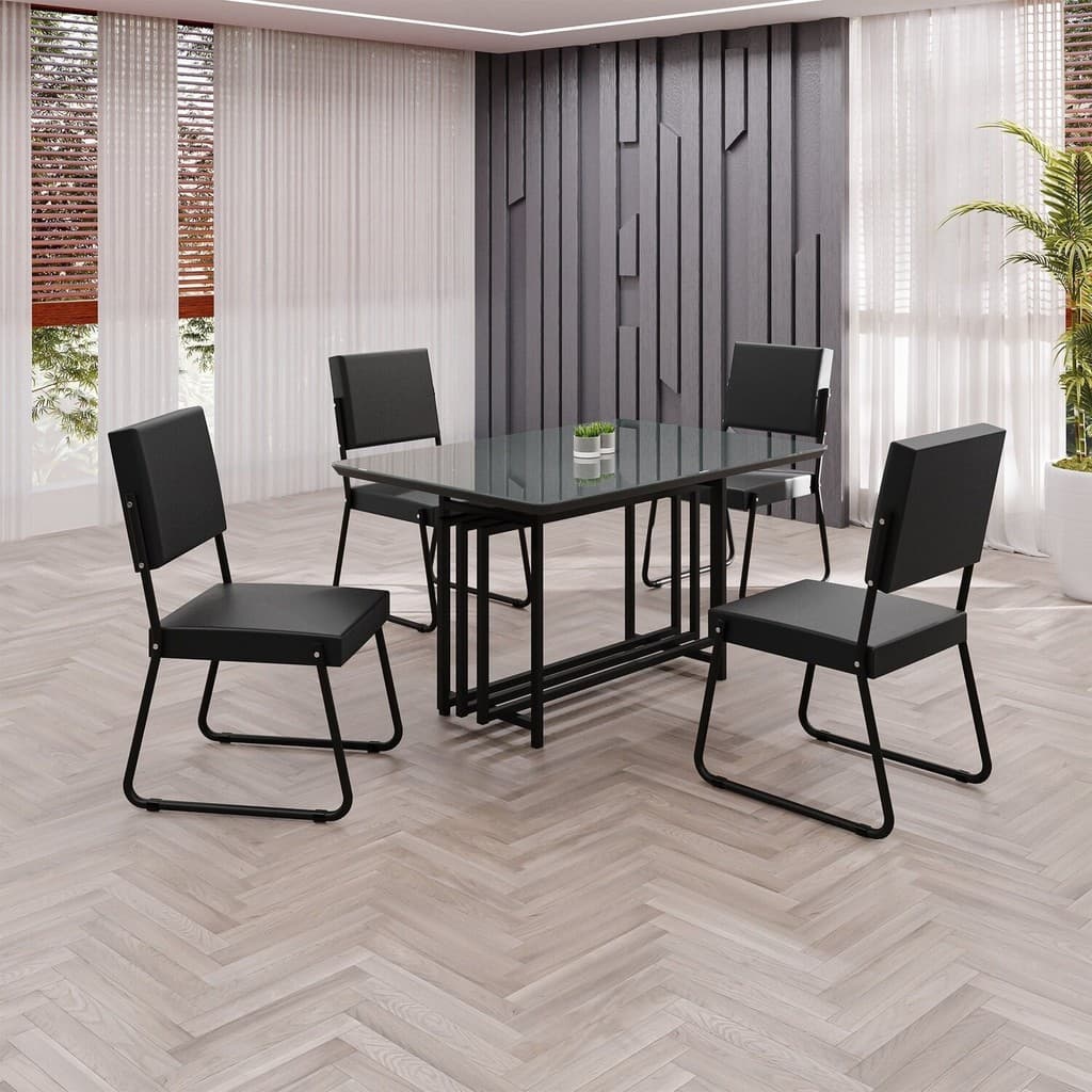 Conjunto Sala de Jantar Mesa 120x90cm Base Pérola Tampo MDF Laca com Vidro Napoli Preto Preto