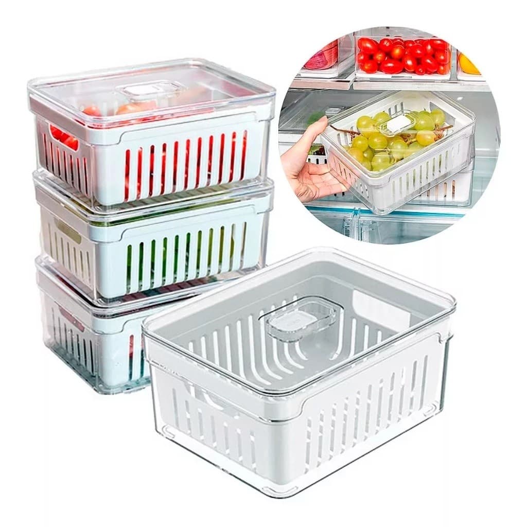 Kit 4 Organizadores Geladeira 2,2 Litros Acrílico Com Cesto para Alimentos Vegetais Cozinha Ou