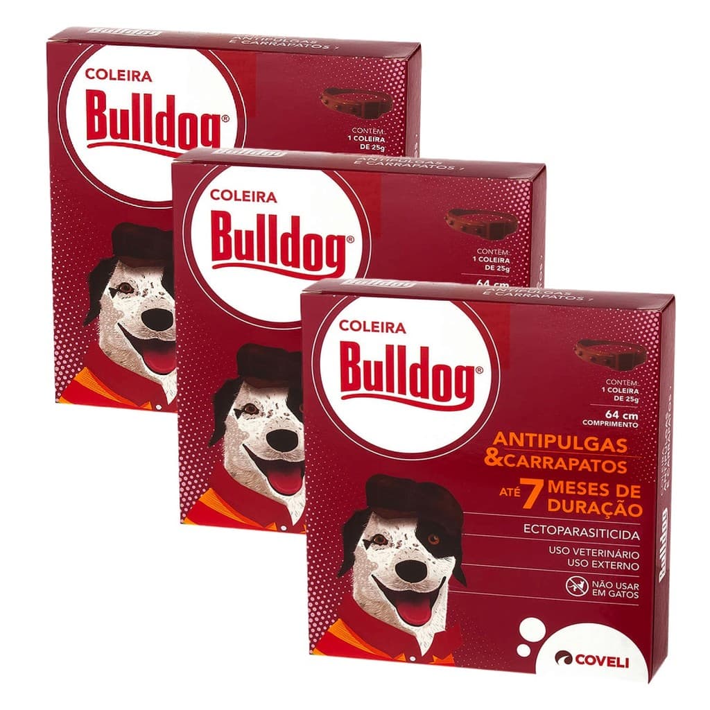 Kit 3 Bulldog Coleira Antipulgas e Carrapatos Coveli para Cães - 64 cm