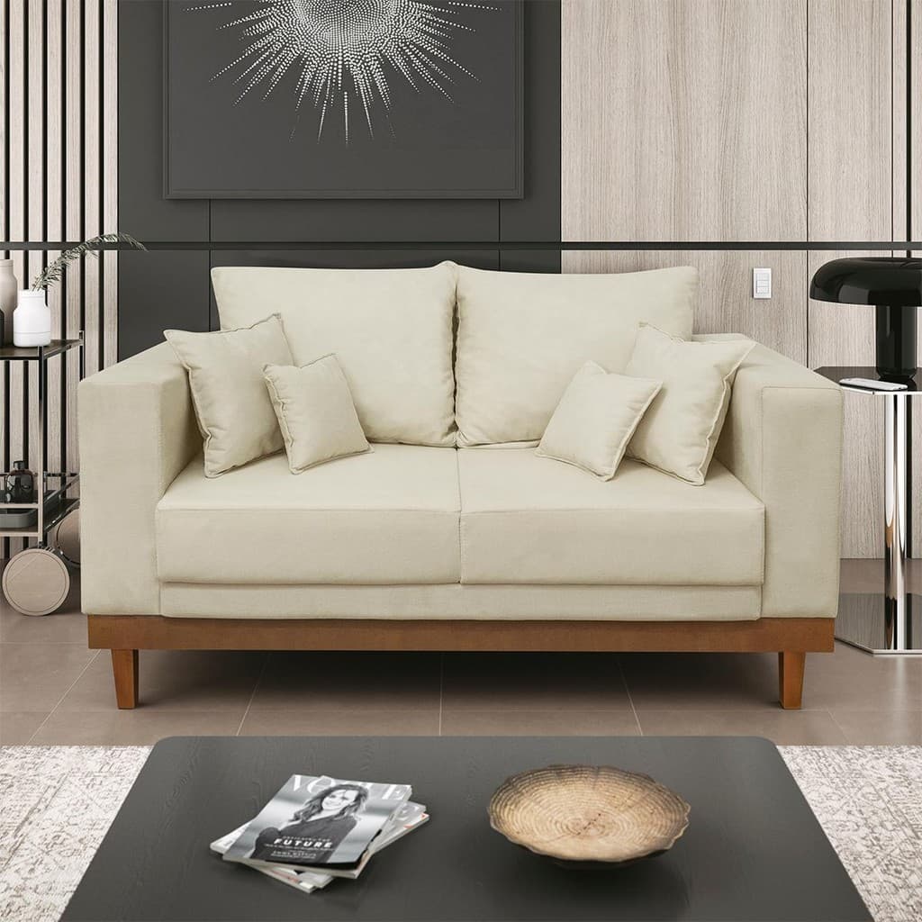 Sofá 2 Lugar Base Reforçada Madeira Tecido Suede + Almofada