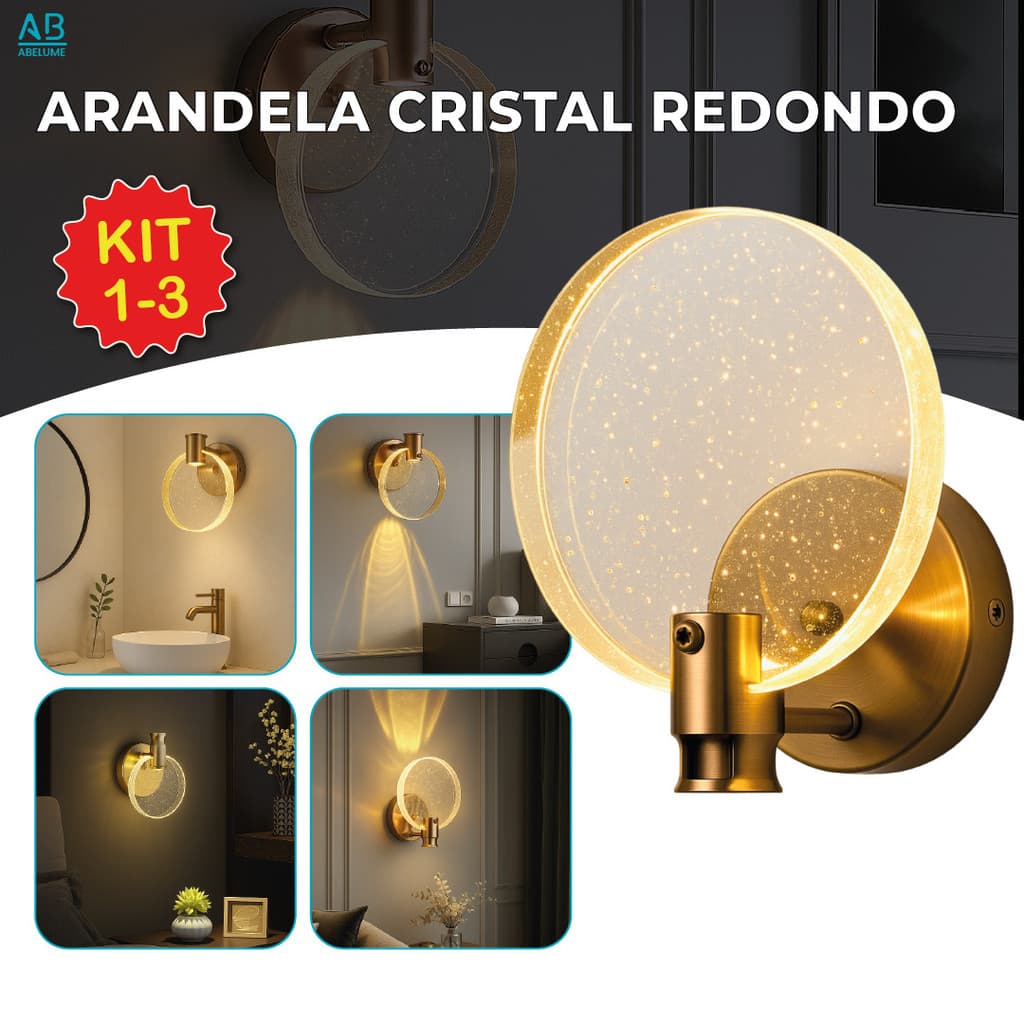 Luminária Arandela Cristal Led Redonda Dourada de Luxo Moderna Luz para Parede Bivolt