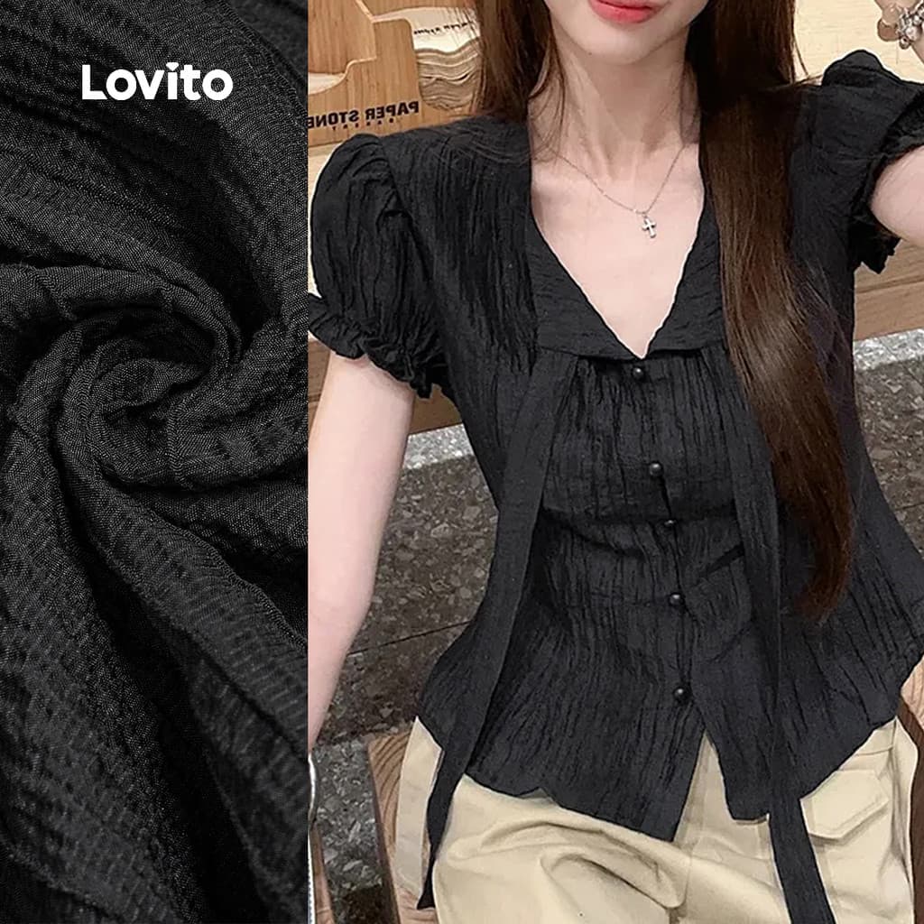 Lovito Blusa Casual com Laço No Pescoço Botões Primavera/verão Blusa Preta para mulher L154LD116