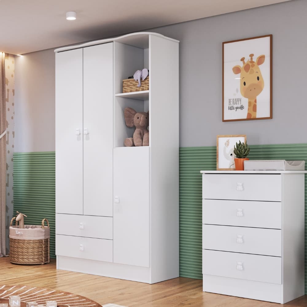 Quarto de Bebê Cômoda 4 Gavetas e Guarda Roupa 3 Portas Tedy Percasa