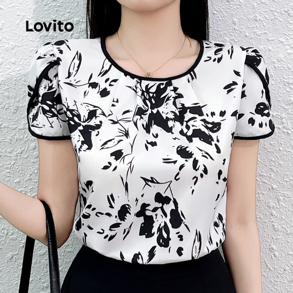Lovito Elegante Blusa de Flores com Bloco de Cores para Primavera/verão para Mulheres L138ED335