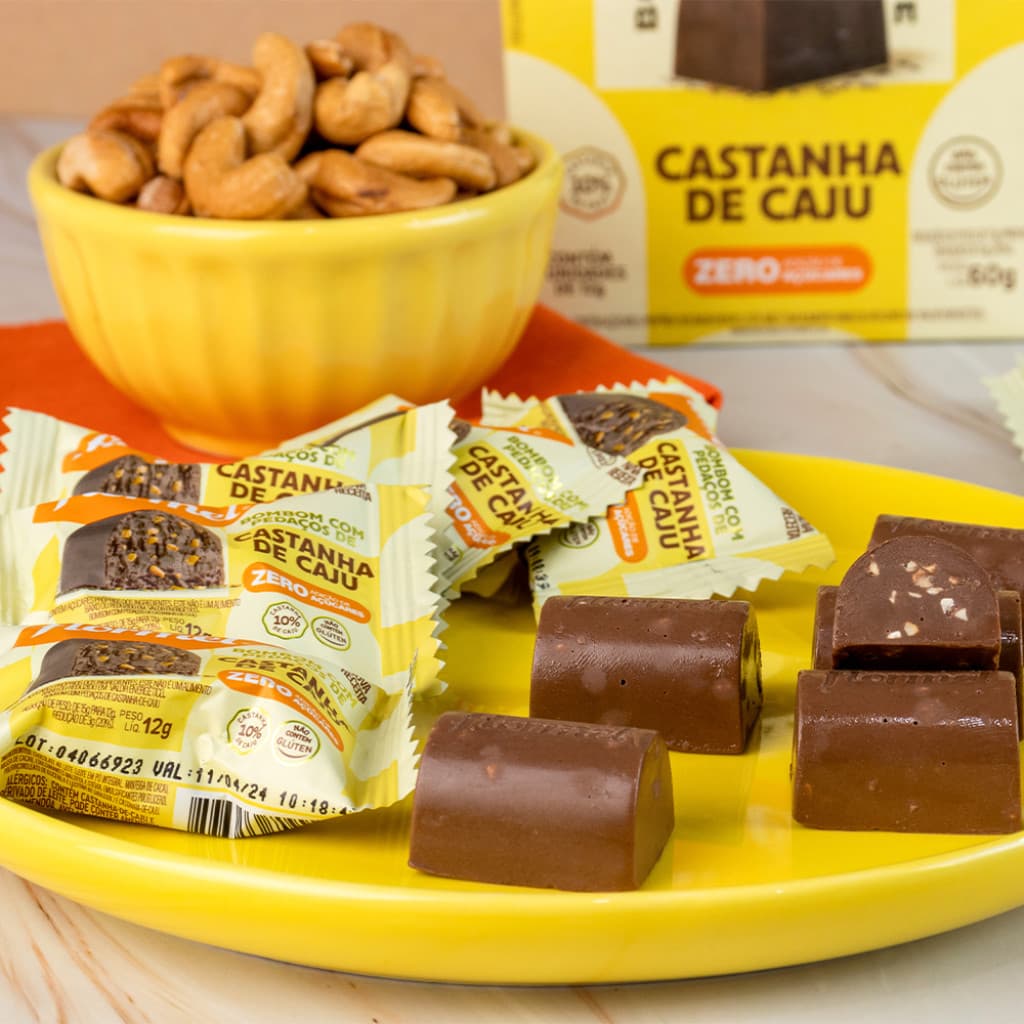 Caixa 5 unid Bombom Zero Açucar Chocolate ao Leite com Castanha de Caju Sem Gluten Flormel 60g Cacau