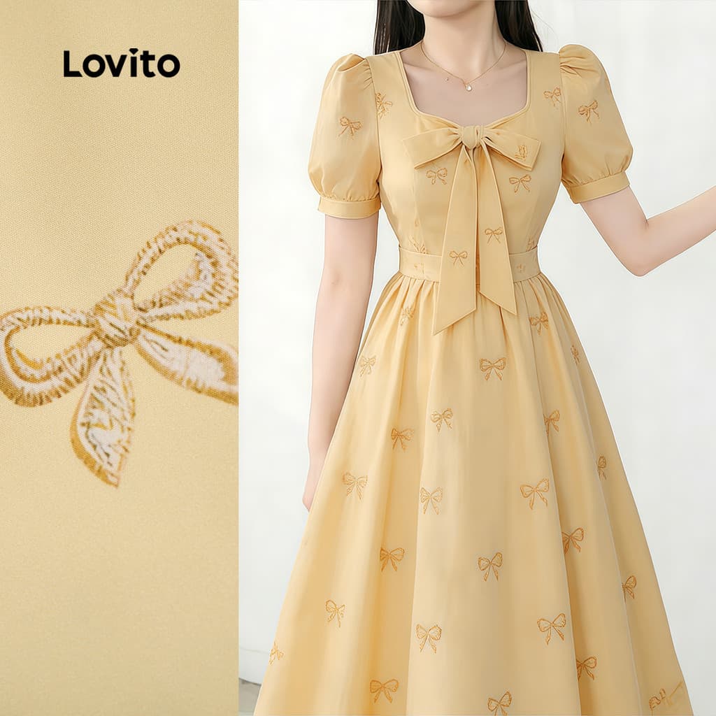 Lovito Vestido Elegante Amarração Frontal Textura Padrão Primavera/verão Vestido Amarelo Claro para mulheres L190ED585