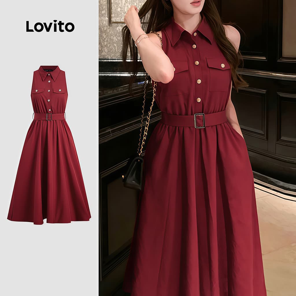 Lovito Elegante Vestido Com Botões E Bolsos Cor Vinho Para Primavera/verão LK2ED823