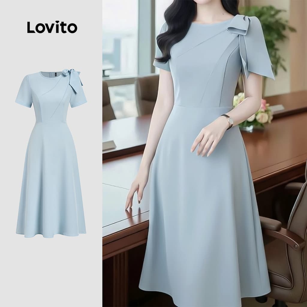 Lovito Social Elegant Vestido Azul Primavera/verão Formal/casamento/dama de Honra com Renda e Pregas Feminino Bordado L177ED378