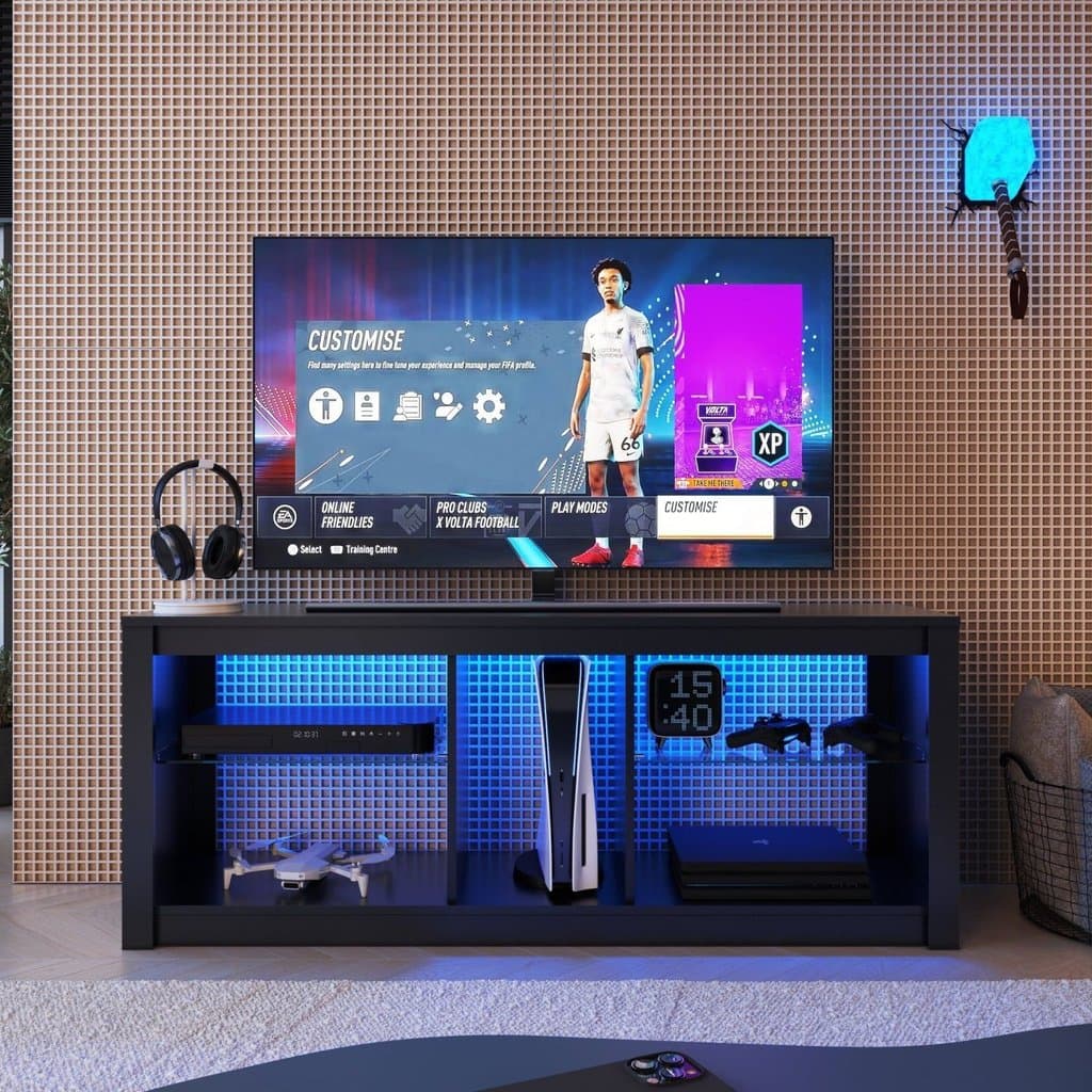Rack para TV até 55 Polegadas com LED 136cm Gamer com 2 Prateleiras em Vidro Preto Preto