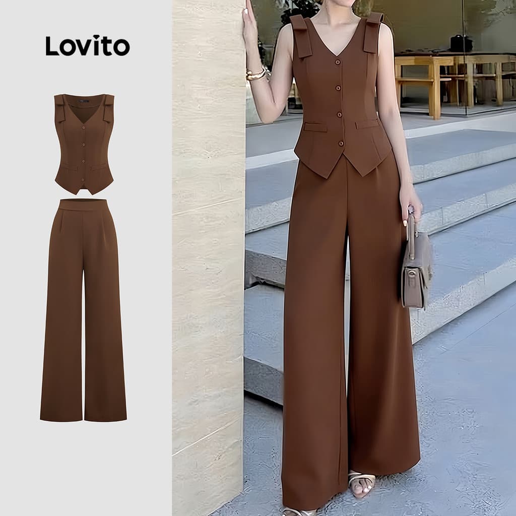 Lovito Tops ou Bottoms Elegantes Laço Simples Casual Primavera/verão Marrom Top Tops ou Bottoms para Mulheres LK4ED1135