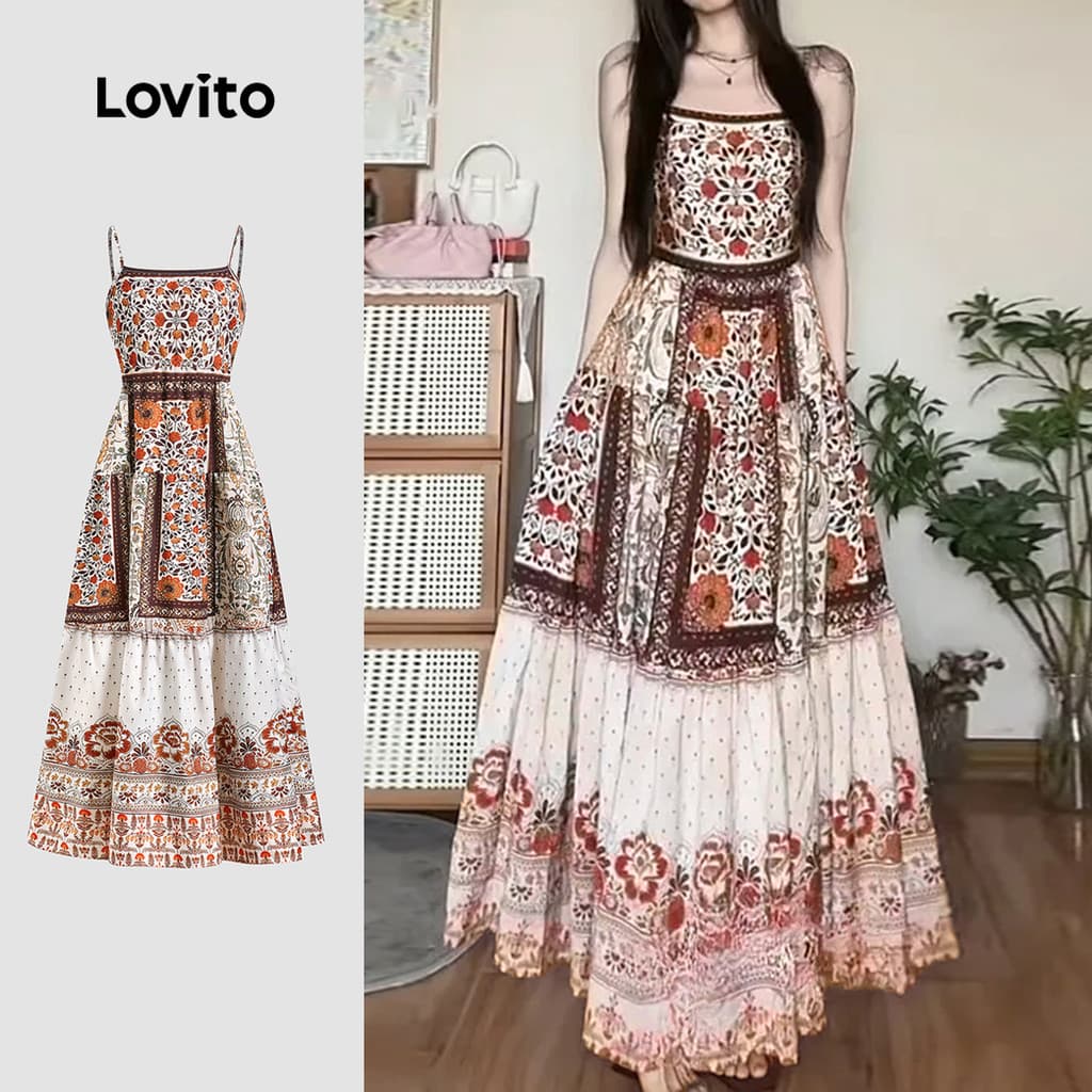 Lovito Férias Vestido Praia com Pregas Linha Estruturada Primavera/verão para Mulheres L138ED154