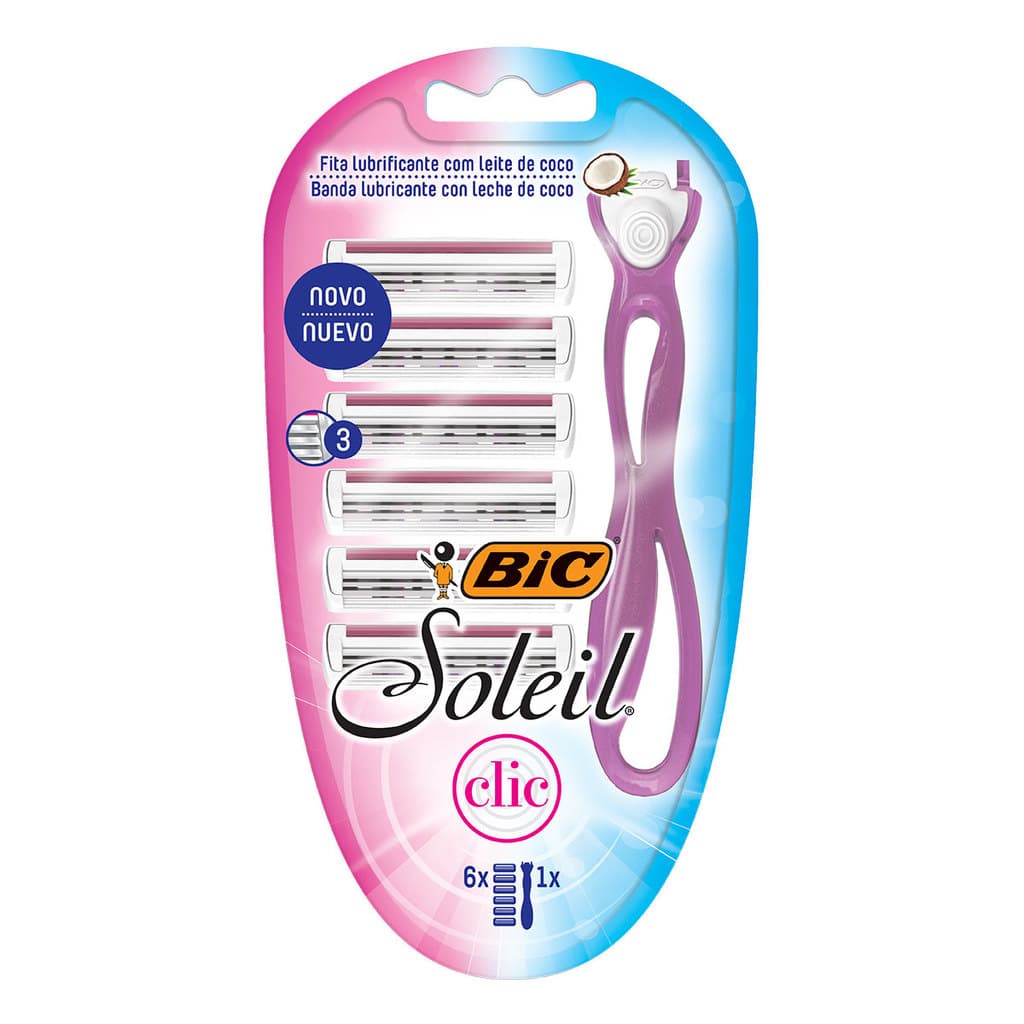 Depilador descartável Soleil Clic recarregável Rosa + 6 lâminas Bic