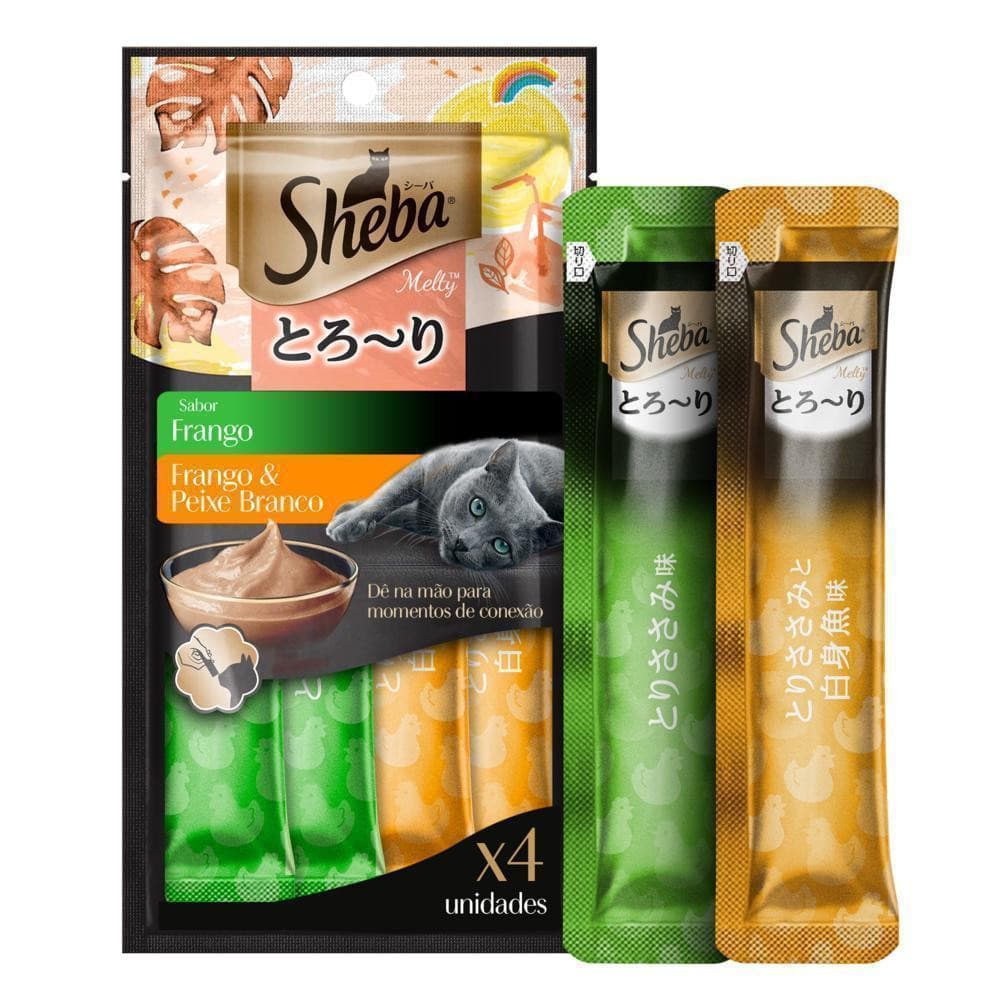 Petisco Cremoso Sheba Melty Sabores Frango e Frango e Peixe Branco para Gatos Adultos 4 Unidades