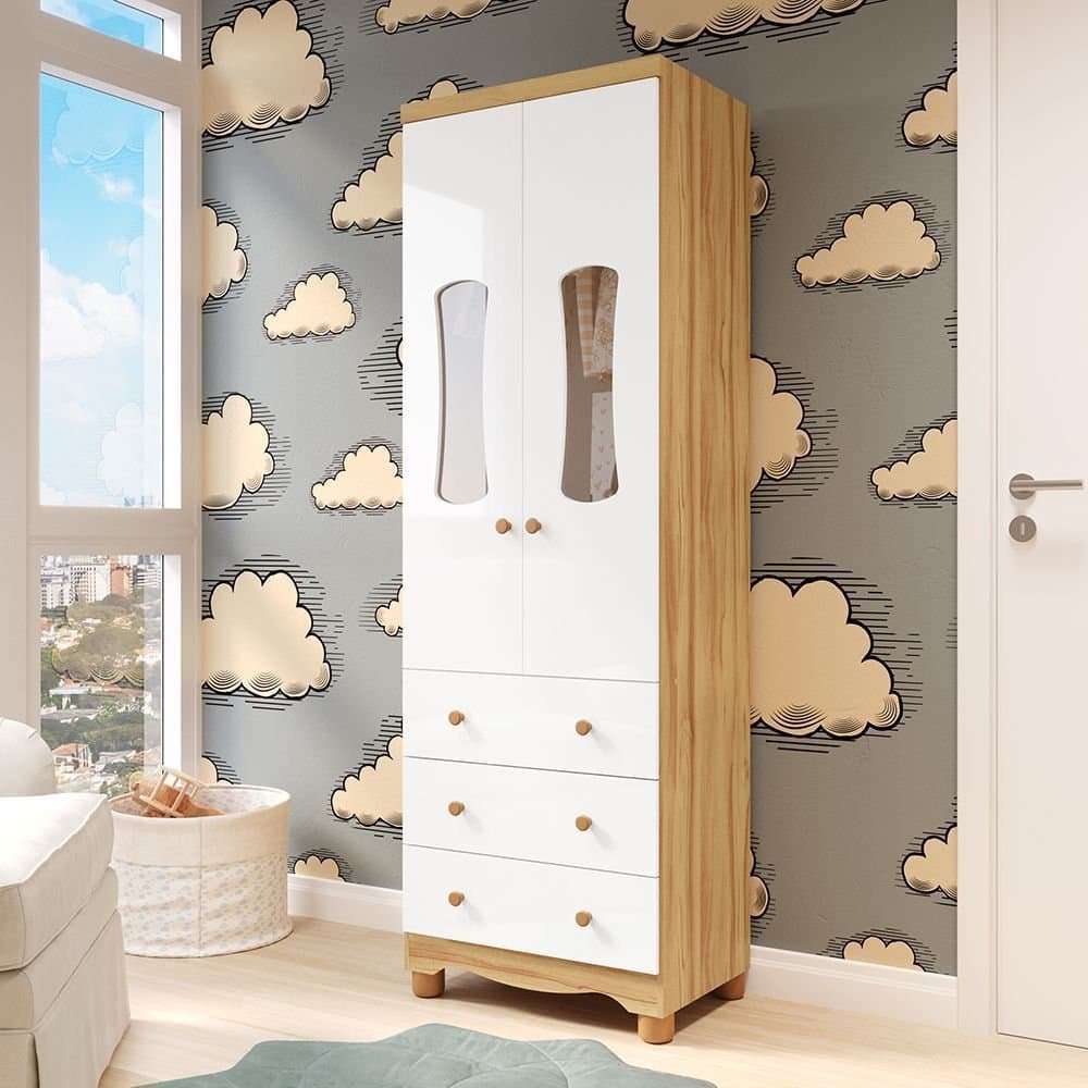 Guarda roupas Infantil 2 Portas com Janela 3 Gavetas 100% MDF Lana Espresso Móveis Branco Brilho/Amêndoa