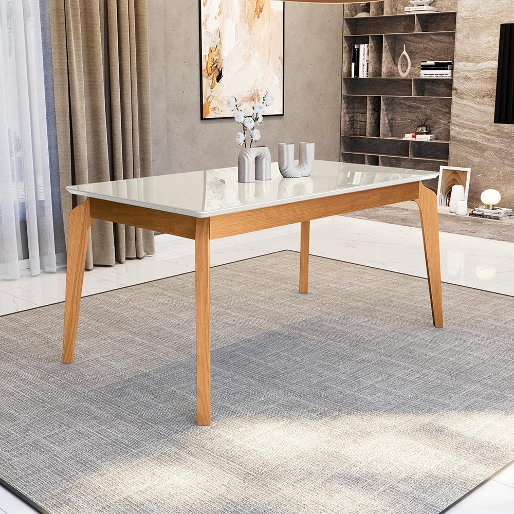 Mesa de Jantar Kappesberg em Madeira Maciça com Tampo de Vidro Off White 160cm