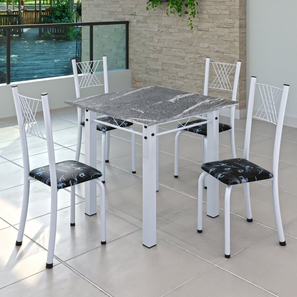 Conjunto de Jantar Mesa 70x70cm Tampo de Granito Topázio com 4 Cadeiras Sara Yescasa Branco/Preto Floral Branco/Preto
