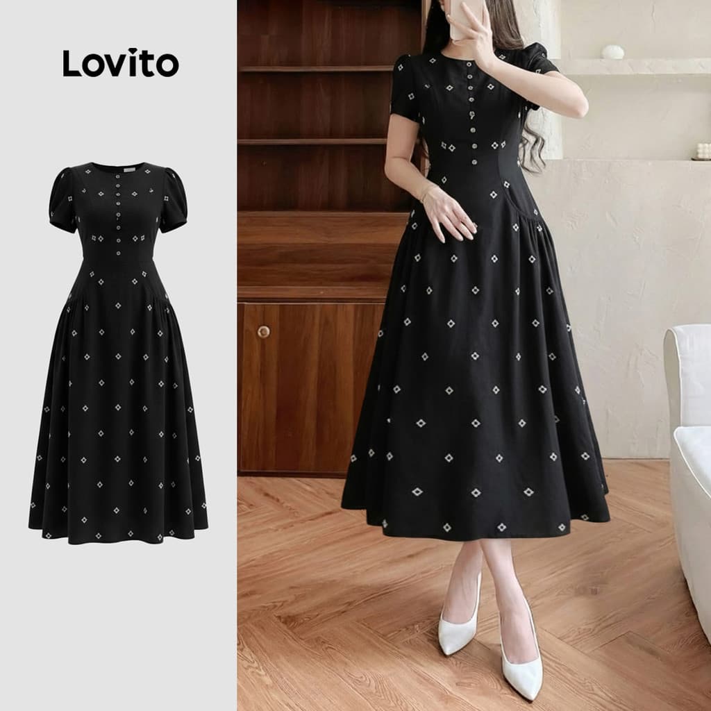 Lovito Midi Elegante Vestido com botão primavera/verão vestido preto para mulheres LK3LD468