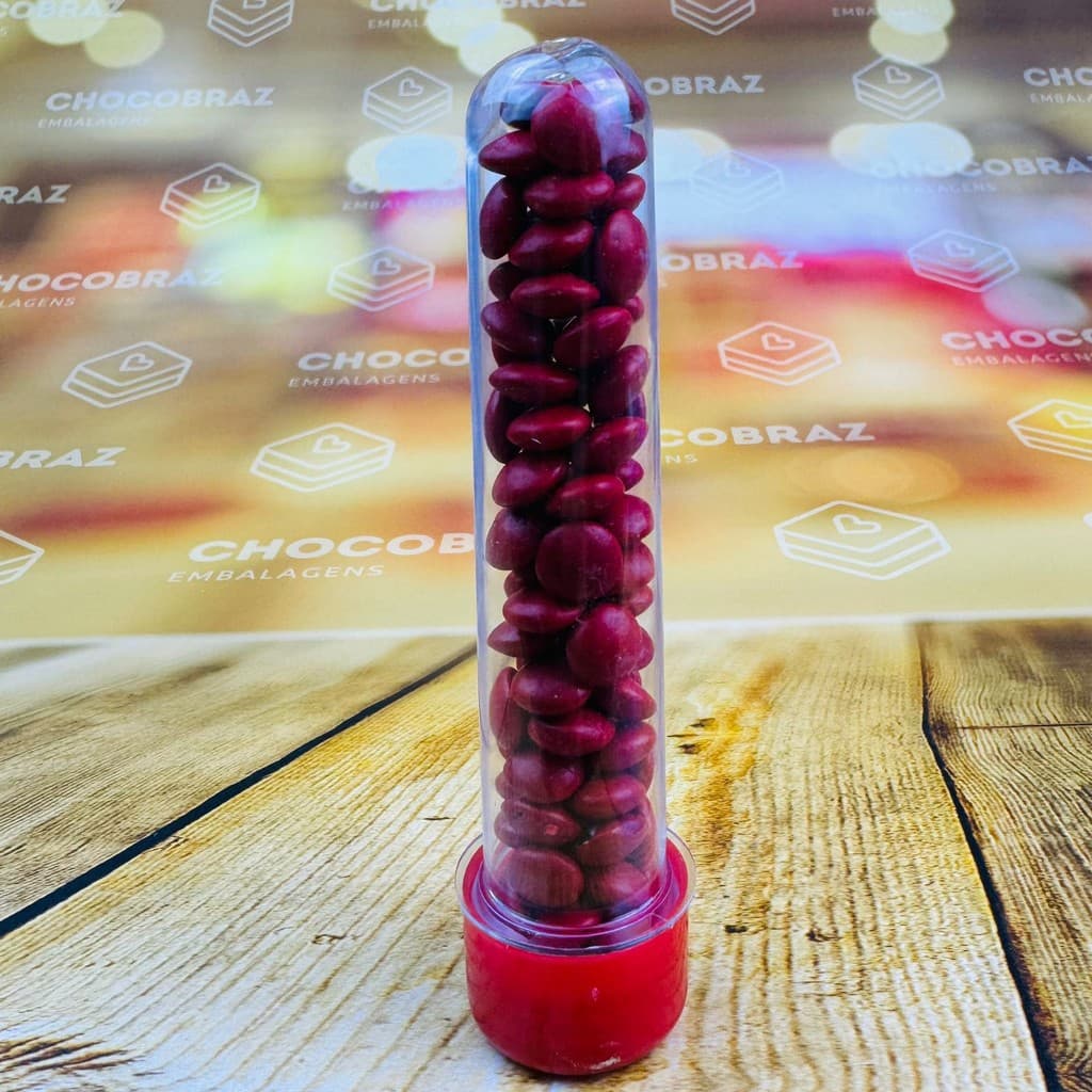 10~50 TUBETE ACRÍLICO LEMBRANCINHAS 13CM COM TAMPA VERMELHA (CHOCO)
