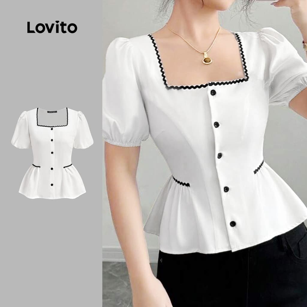 Lovito Mangas Bufantes Elegante Blusa com M Exclusivo Contraste Drapeada Primavera/verão Blusa Branca para Mulheres L150AD1629
