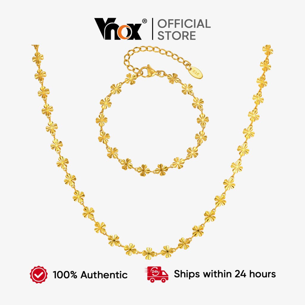 Conjunto De Colar De Pulseira De Corrente De Trevo De Quatro Folhas Vnox , Joias De Moda Feminina De Aço Inoxidável Dour