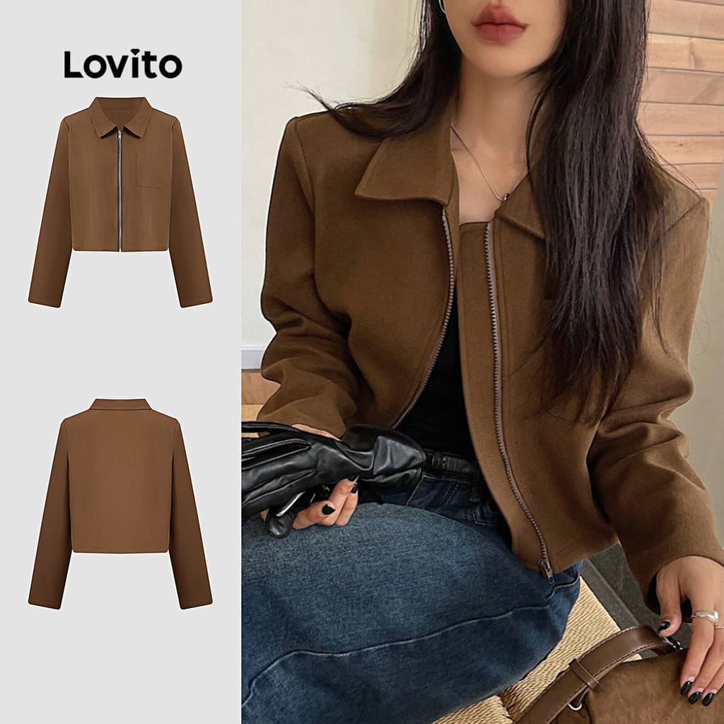 (Casual) Lovito Jaqueta com Zíper Primavera/verão Marrom para mulheres L154ED065