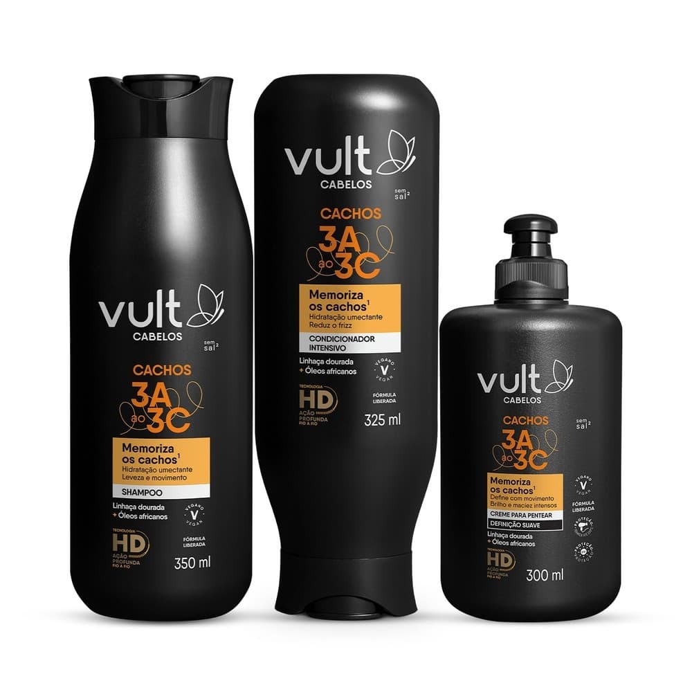 Combo Vult Cabelos Cacheados 3A a 3C: Shampoo 350ml + Condicionador 325ml + Creme para Pentear 300ml