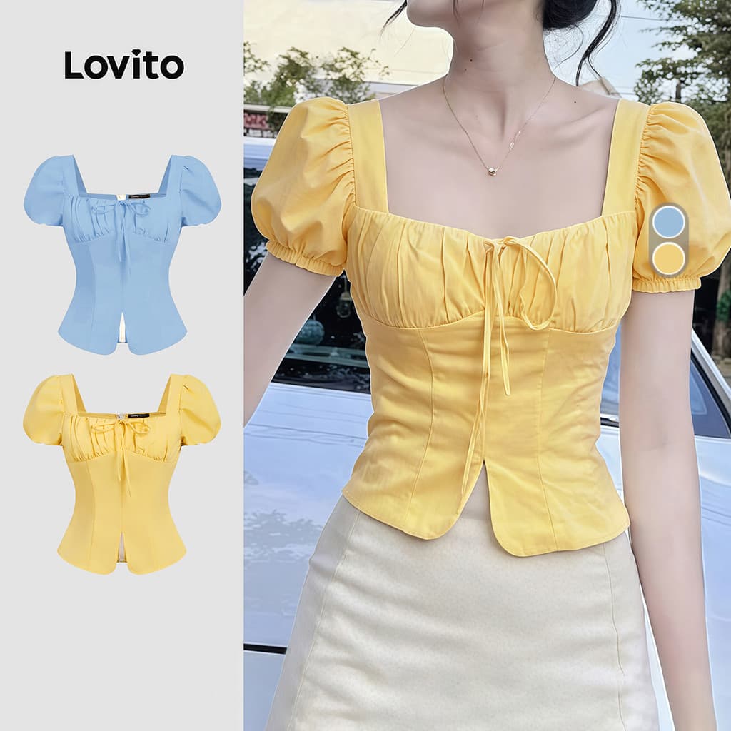 Lovito Casual Blusa Estrutura Linha Amarrar Pregas Primavera/verão Blusa Amarela para Mulheres Bordado LK4ED1330