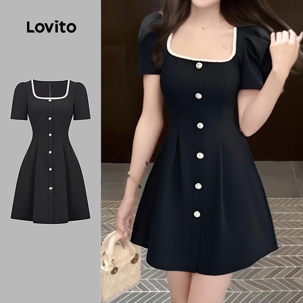 (Elegante) Lovito Vestido com Botões Na Frente Primavera/verão Vestido Preto para mulheres L154ED490
