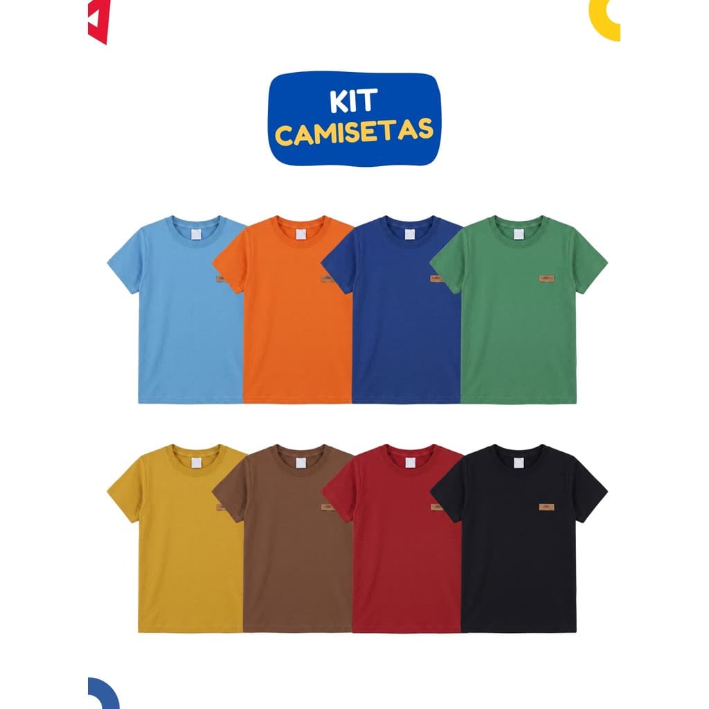 Kit 4 Peças Camisetas Infantil Básicas Menino Manga Curta Lisas Verão 1 ao 14