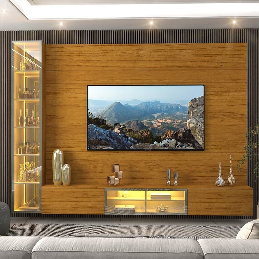 Estante para TV e Home Theater até 90 Polegadas 100% MDF com LED com Vidro Reflecta 255,2CMX217,6cm Porta LED Luminare