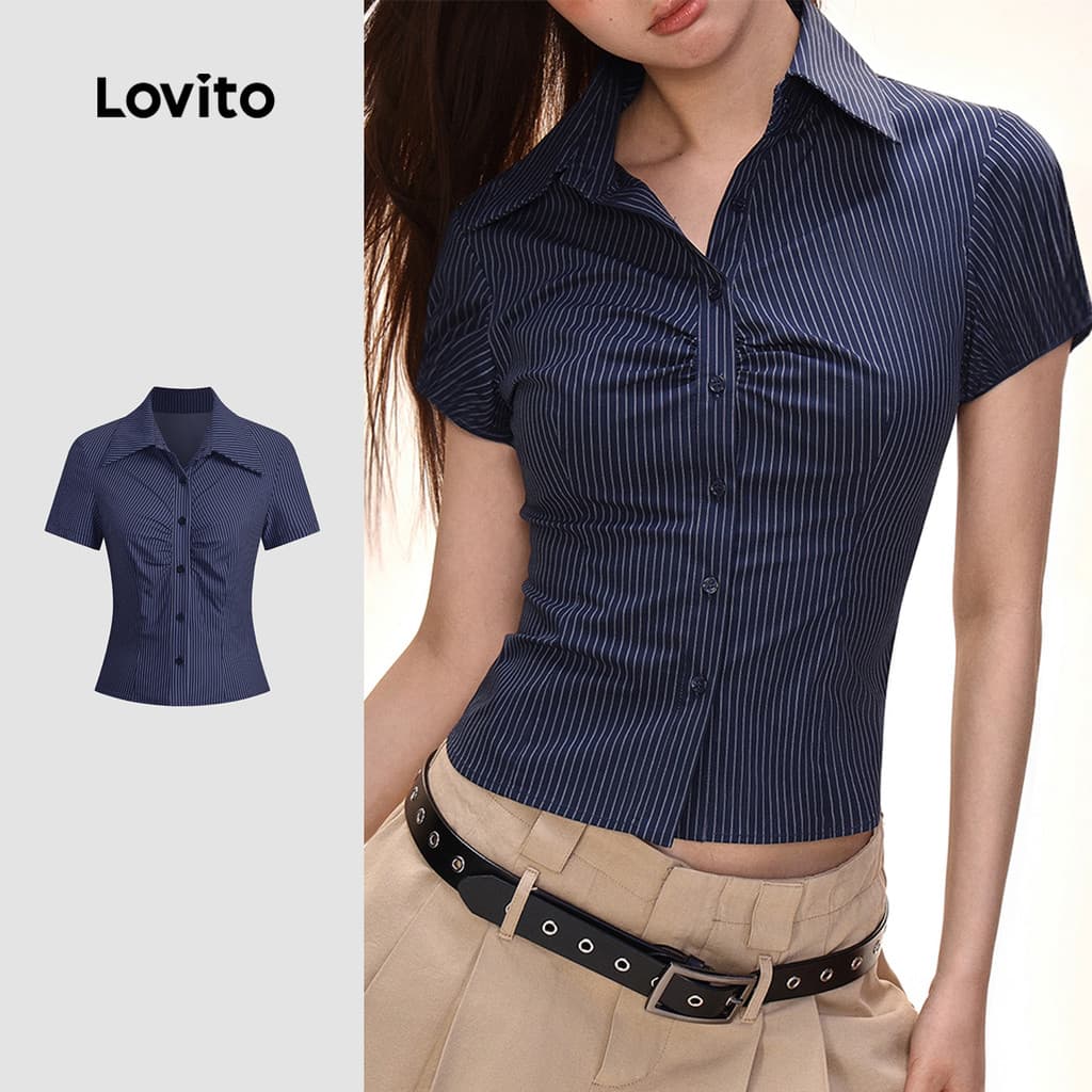 Lovito Elegante Blusa com Botões Clássica E Versátil Franzida Primavera/verão Blusa Azul Escura para Mulheres L154LD165