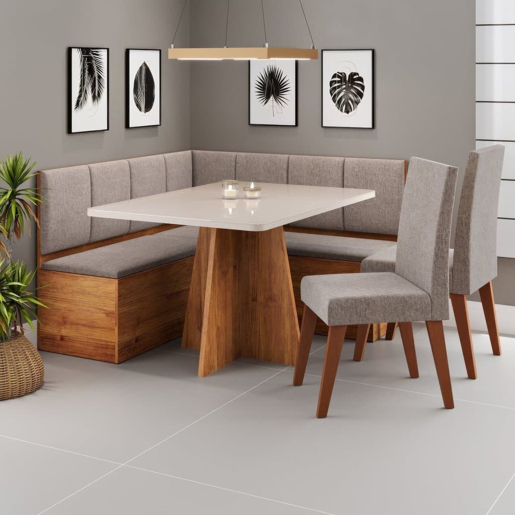 Conjunto Canto Alemão com Baú Mesa 120x77,8cm Tampo com Vidro e 2 Cadeiras Milão Bege/Mel/Off White/ Kaki/Mel/Off