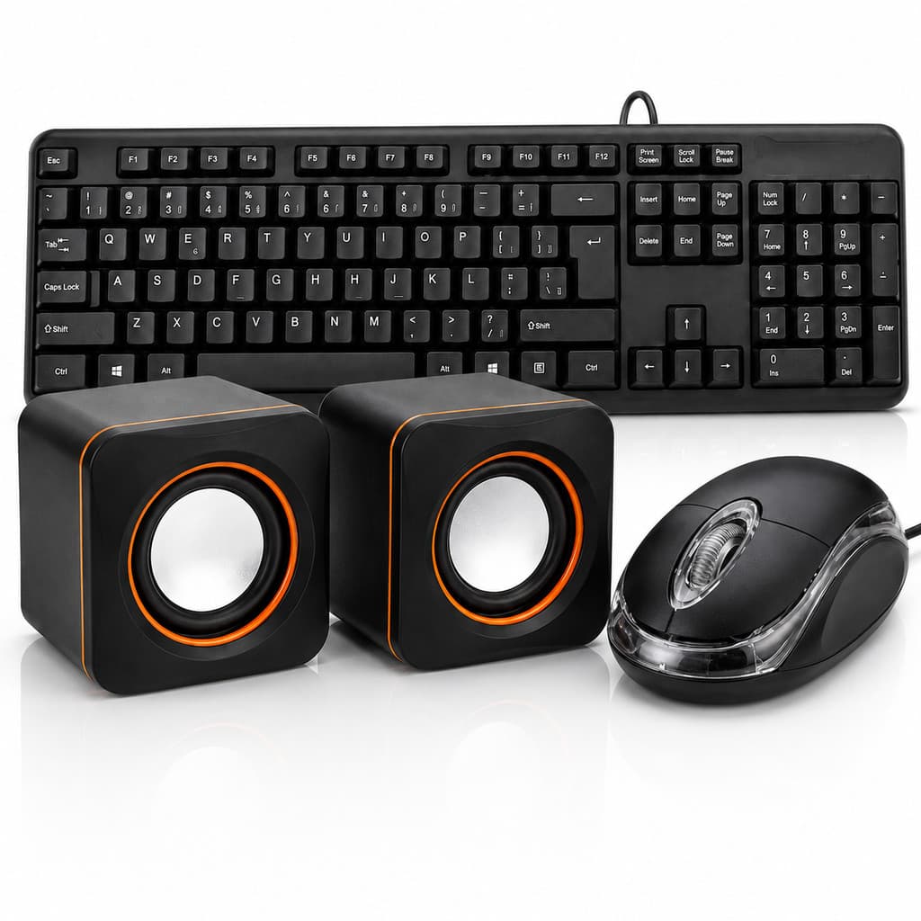 Kit Teclado e Mouse Basico Com Fio Computador + Caixa De Som Pc P2 Usb