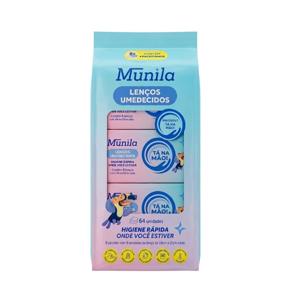 Lenço Umedecido Higiene Mão Rosto Sem Álcool Munila 64un