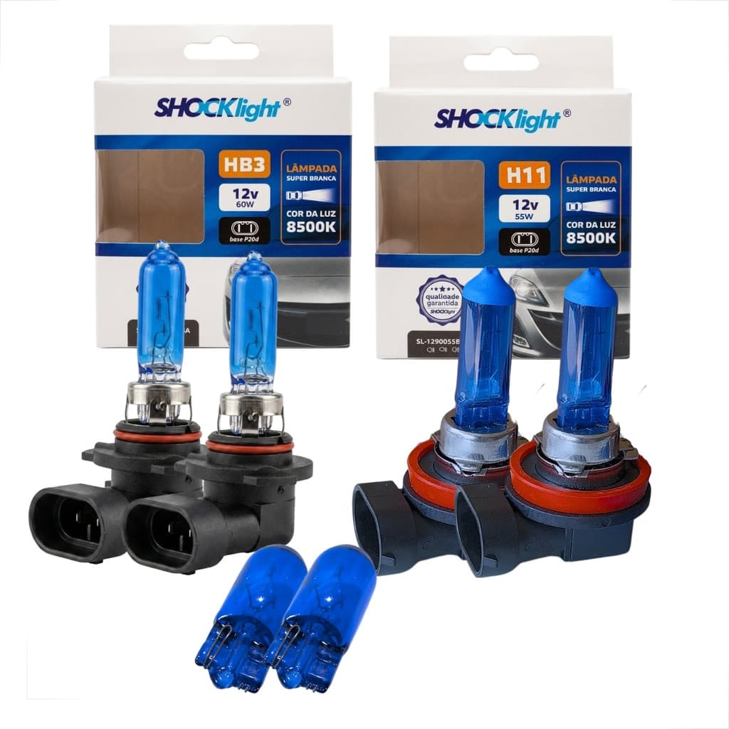 KIT ILUMINAÇÃO FAROL H11 + HB3 9005 + 2 LÂMPADAS T10 BLUE HALÓGENAS