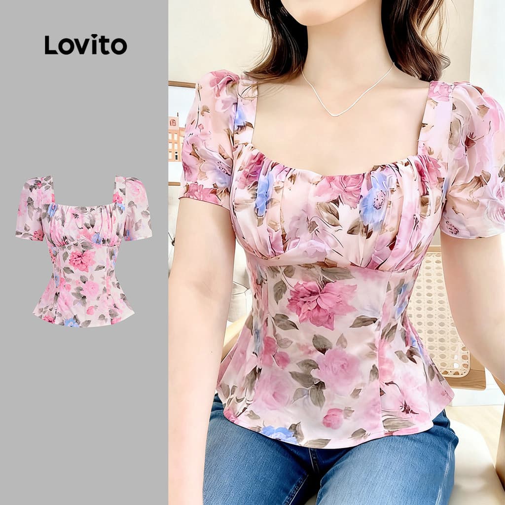 Lovito Blusa Boho com Linha de Estrutura Franzida para Primavera/verão para mulheres L155AD292