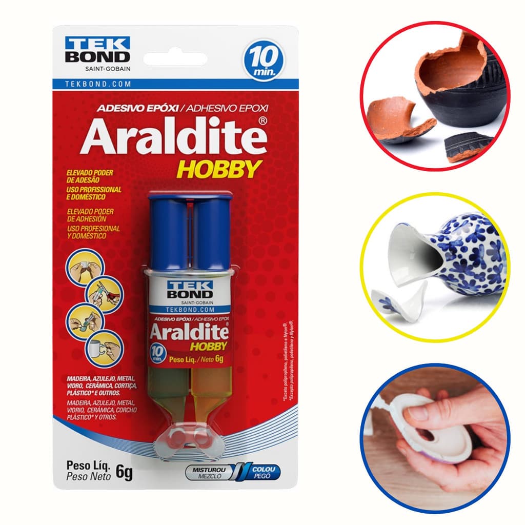 Adesivo Cola Epoxi Araldite Hobby 6G Secagem 10 Minutos Embalagem Seringa Blister