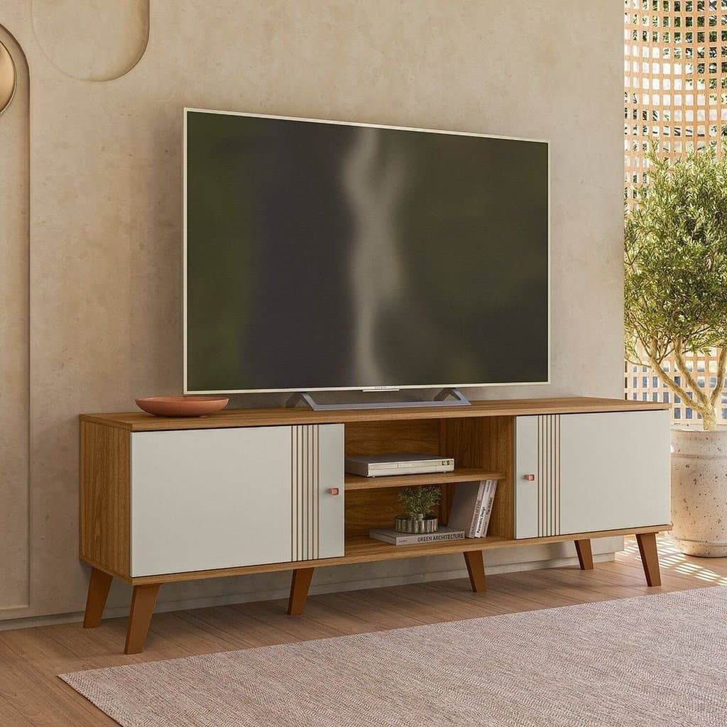 Rack para TV até 65 Polegadas MDF 160cm 2 Portas Denver Marrom Nature/Off White