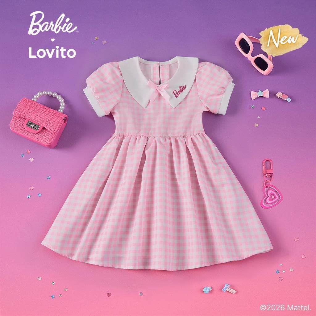 (New Arrival)Barbie™ X Lovito Kids Vestido Rosa Menina Primavera/Verão Flare até Joelho Bordado e Bloco de Cor LBL5AD027