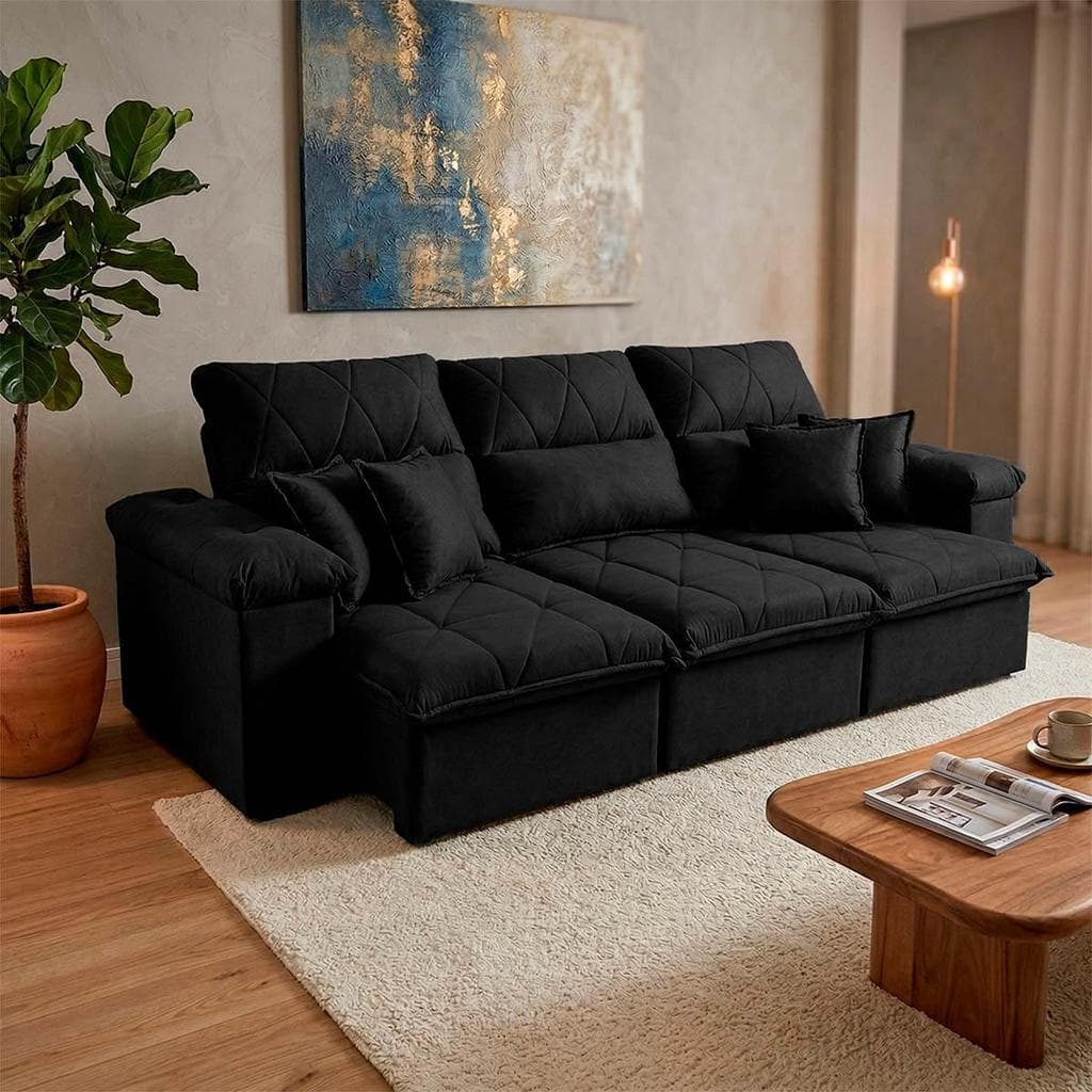 Sofá Retrátil/Reclinável Trento 2,30m Suede Velut Preto c/ Molas no Assento - King House