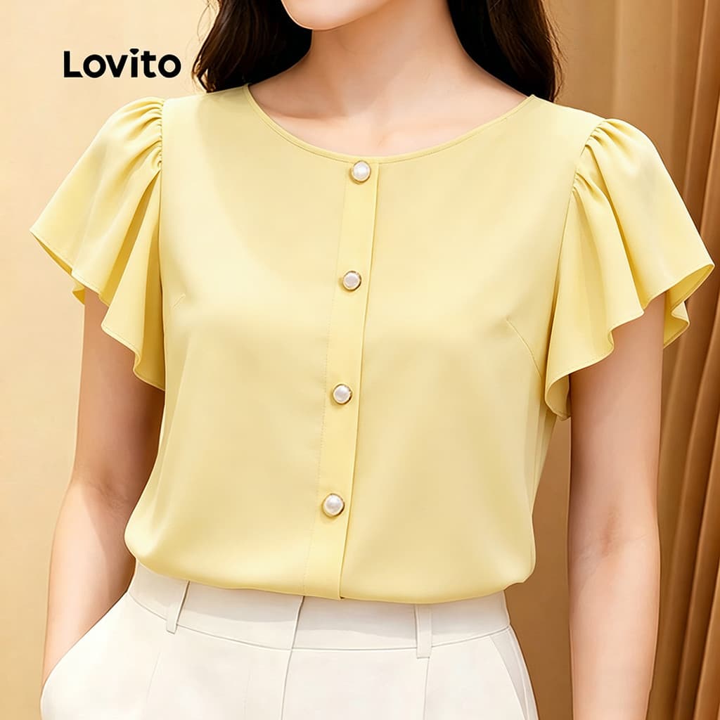 (New Arrival) Lovito Blusa Elegante com Botões e Babados Primavera/verão Amarela para Mulheres L196LD271