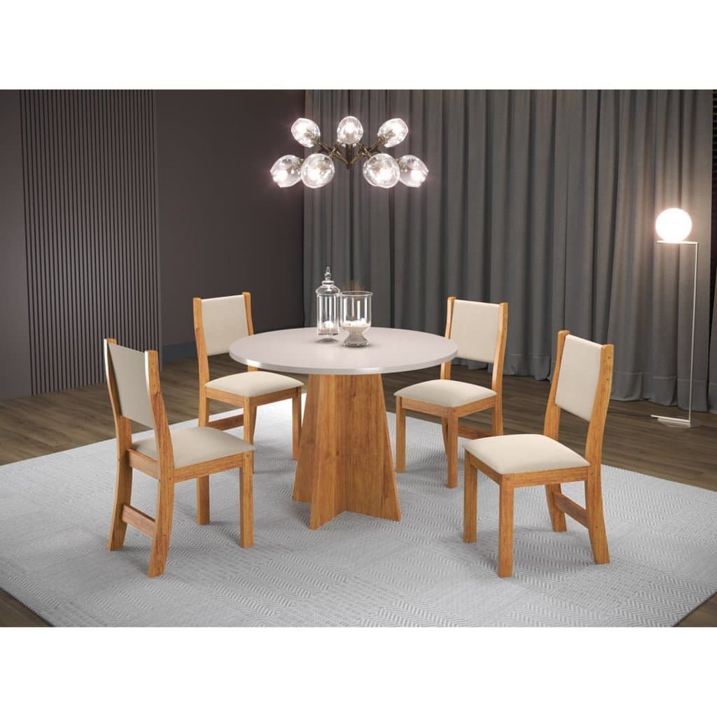 Conjunto Sala de Jantar Mesa Chilli 90cm Tampo Redondo com 4 Cadeiras Sol Bege/Mel/Blonde Mel/Blonde/Bege
