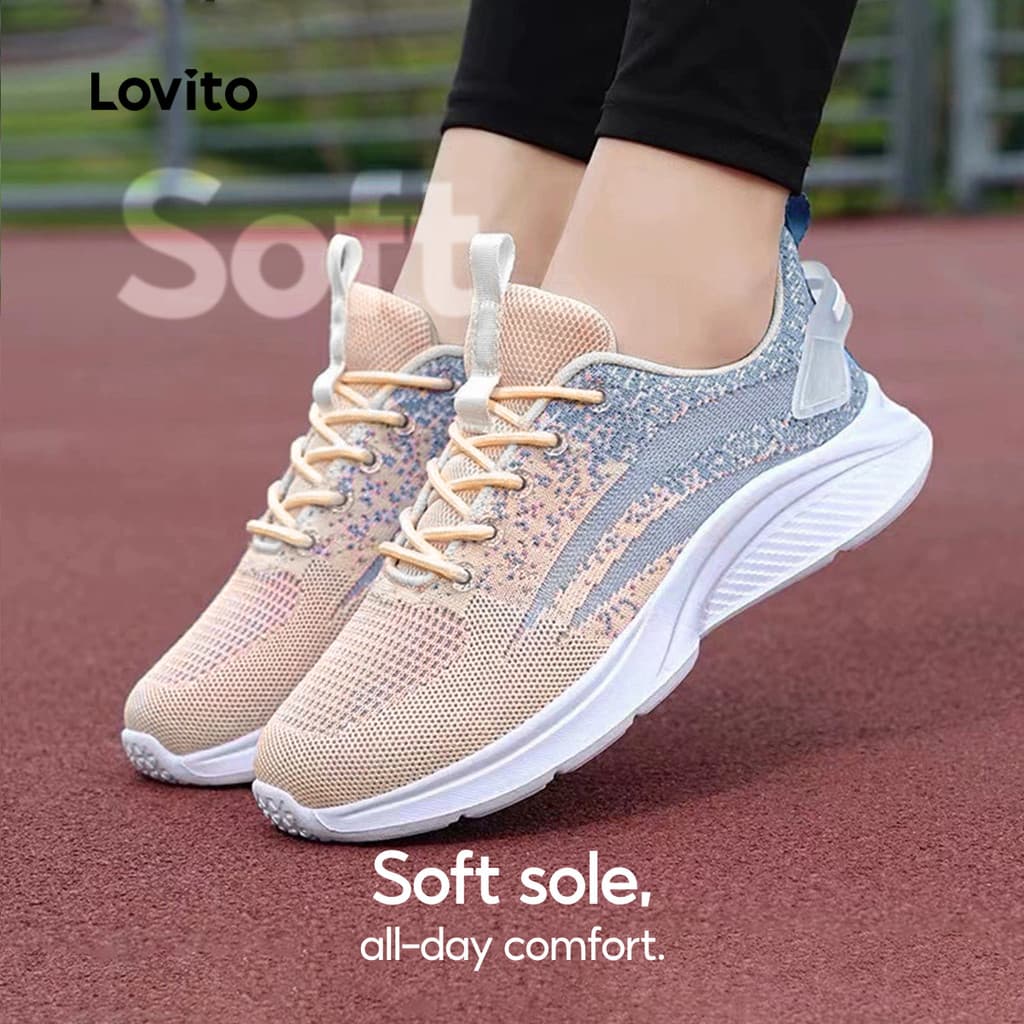 (New Arrival) Lovito Tênis Casuais Para Uso Diário Ao Ar Livre Estilo Coreano Tecido Leve E Confortável Nas Cores Cinza E Rosa Para Mulheres LFA118010