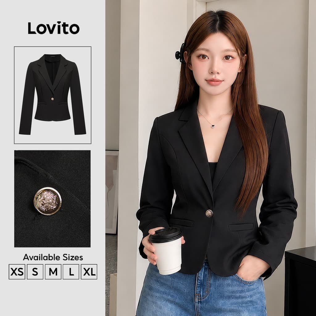 Lovito Elegante Blazer Blazer De Botão Liso Para Mulheres L98AD160