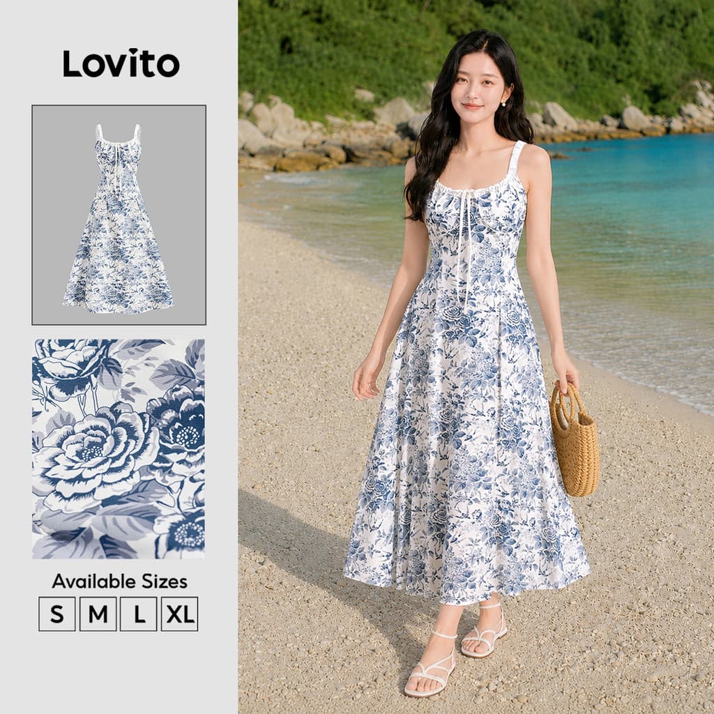 Lovito Férias Vestido Floral com Gola Contrastante Faixas e Cadarço Verão/Primavera Mulheres Bordado L129AD161