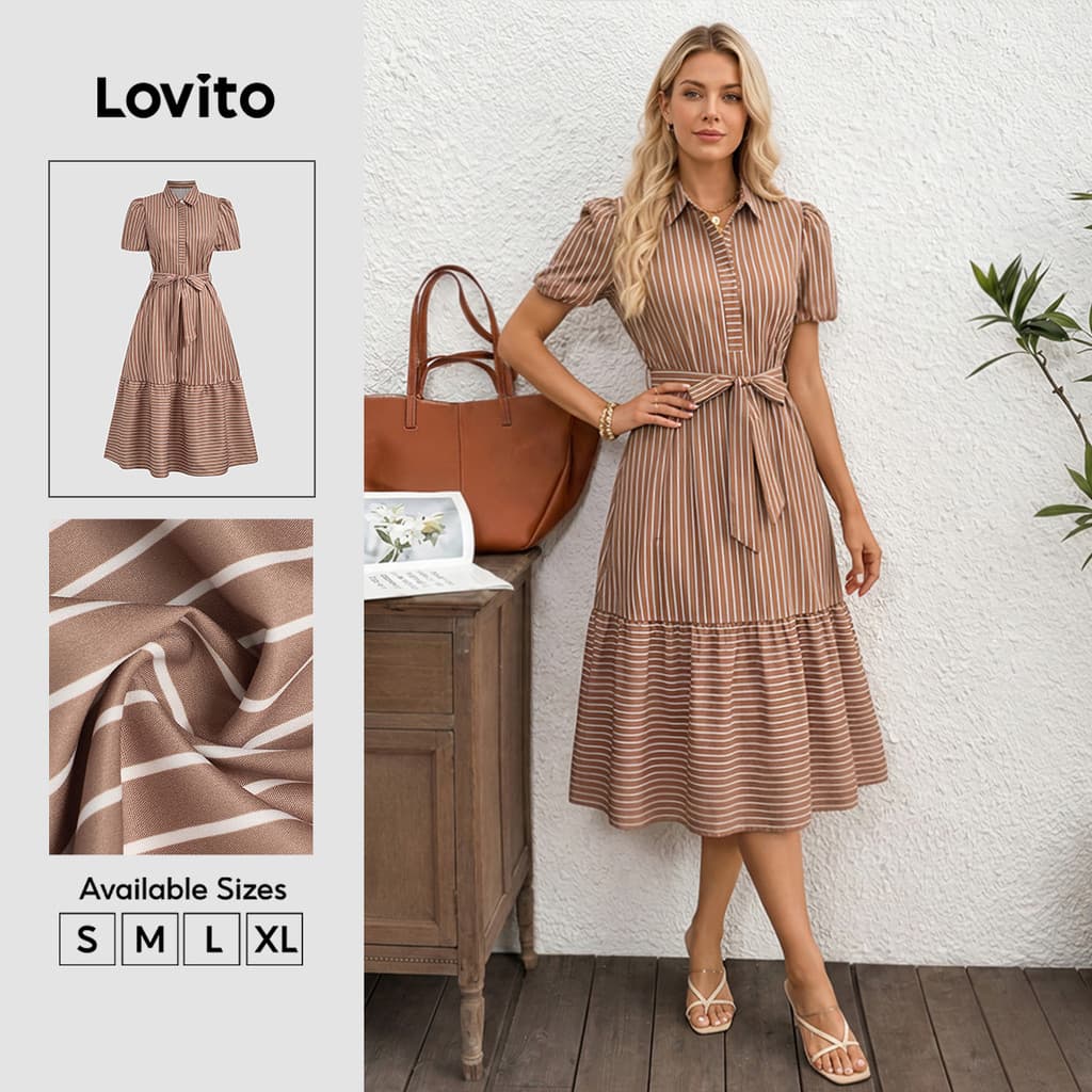(New Arrival) Lovito Vestido Casual Com Cinto E Botão Barra Em Babado Primavera/verão Marrom Para Mulheres DRB38BR074