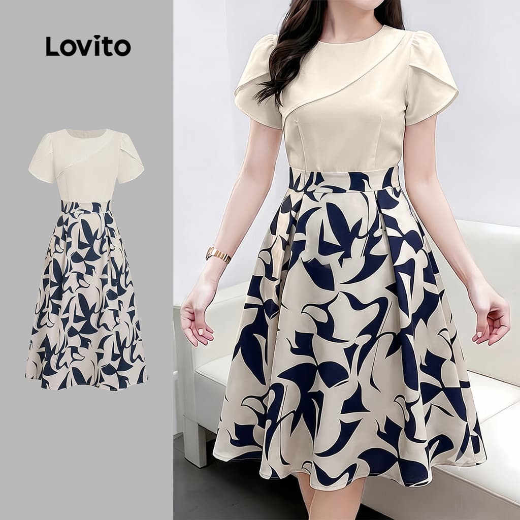 (New Arrival) Lovito Padrão de Vestido Casual Costura de Tecido Vestido de Primavera/verão para mulheres LK7LD1001