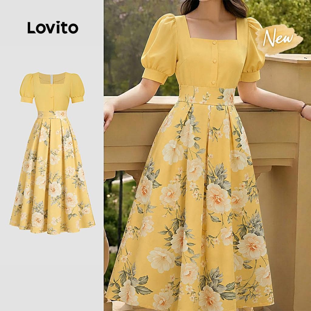 (New Arrival) Lovito Vestido elegante amarelo primavera/verão L198ED203