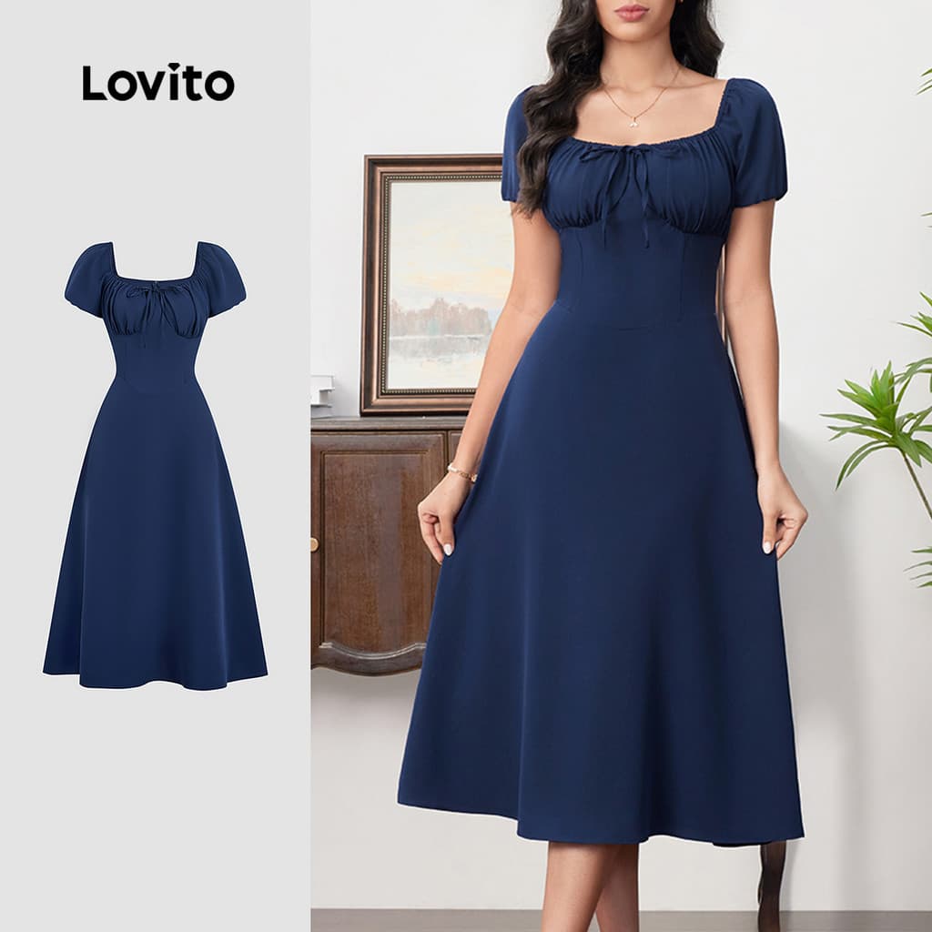 Lovito Midi Vestido Casual com Renda Primavera/verão Azul Marinho para Mulheres Bordado LBL33048